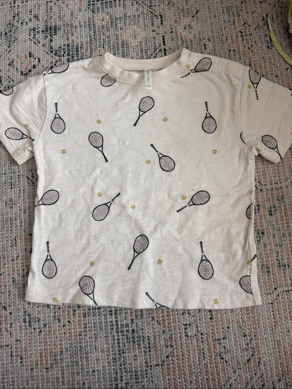 Rylee + Cru Cream Tee with Black Tennis Rackets and Yellow Balls